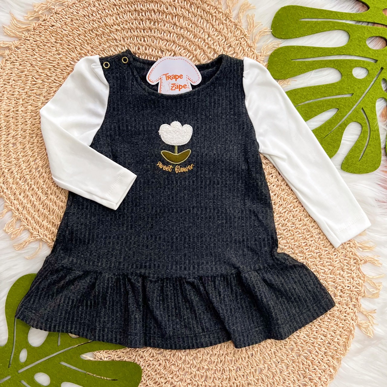Vestido Manga Longa Sweet Flower - Preto